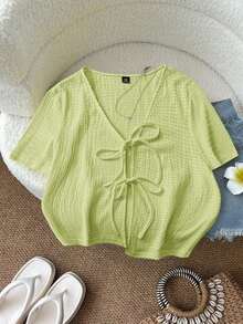 Blusa casual de manga corta con nudo delantero de unicolor para mujer de talla grande - Verde Oscuro 2 - Ver 1