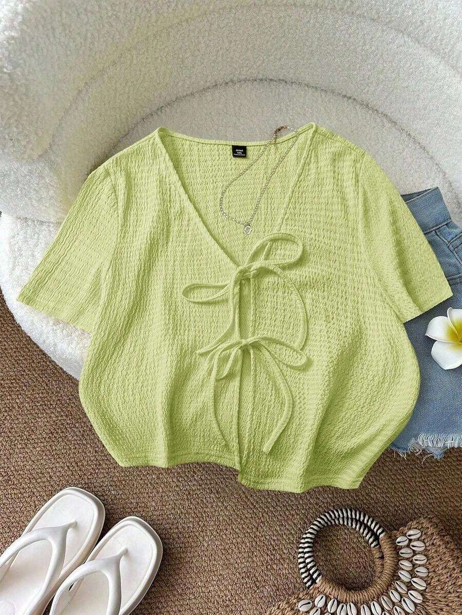 Blusa casual de manga corta con nudo delantero de unicolor para mujer de talla grande - Verde Oscuro 2 - Ver 1
