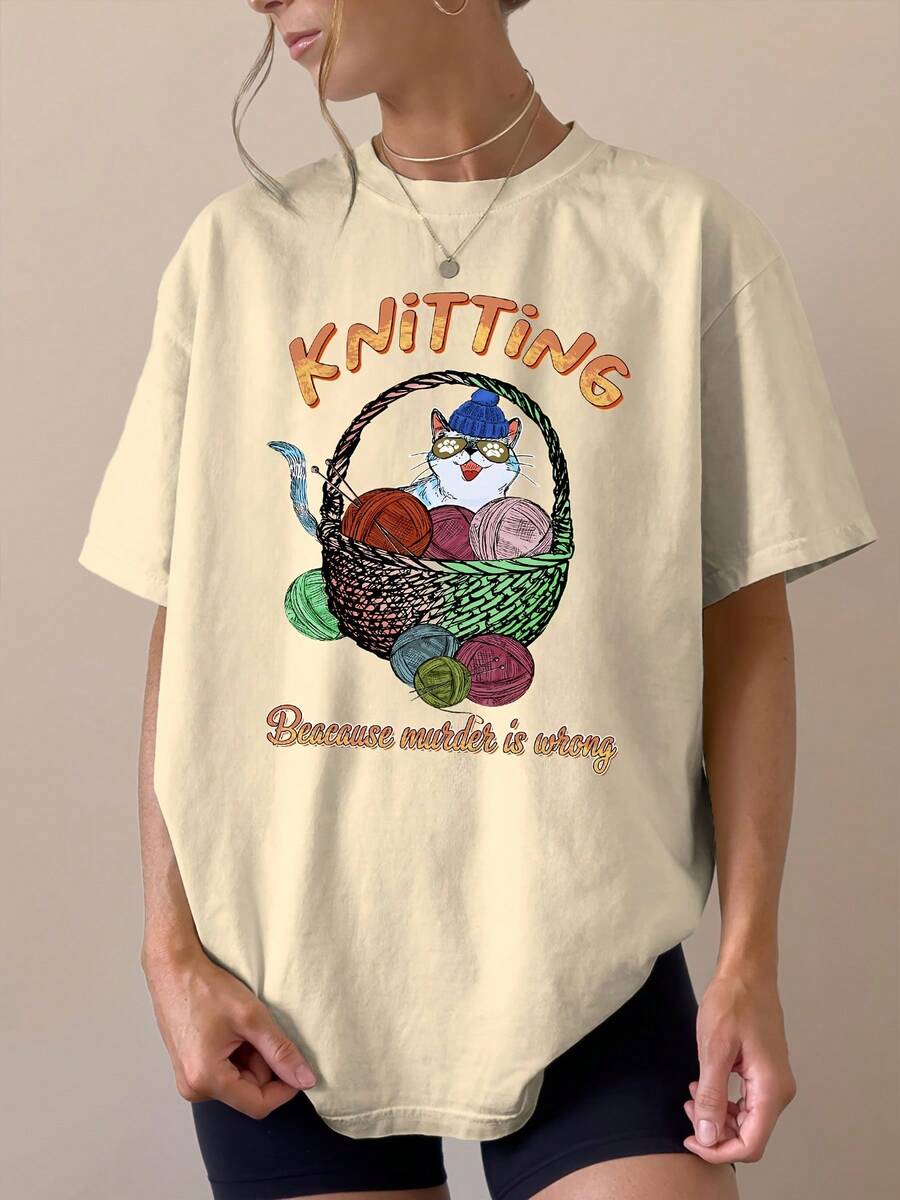 Women's Casual Knit T-Shirt Featuring A Cute Cat And Yarn Basket Design - Perfect For Animal Lovers, Suitable For Everyday Wear And As A Gift. | Fun Prints | Comfortable And Well-Fitting, A Pretty T-Shirt. 2YUK - 杏色 - 查看 1