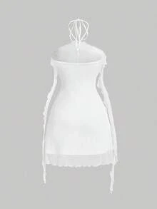 Vestido de malla elástica de punto para mujeres con decoración floral, volantes sin mangas en color lila - Blanco - Ver 2