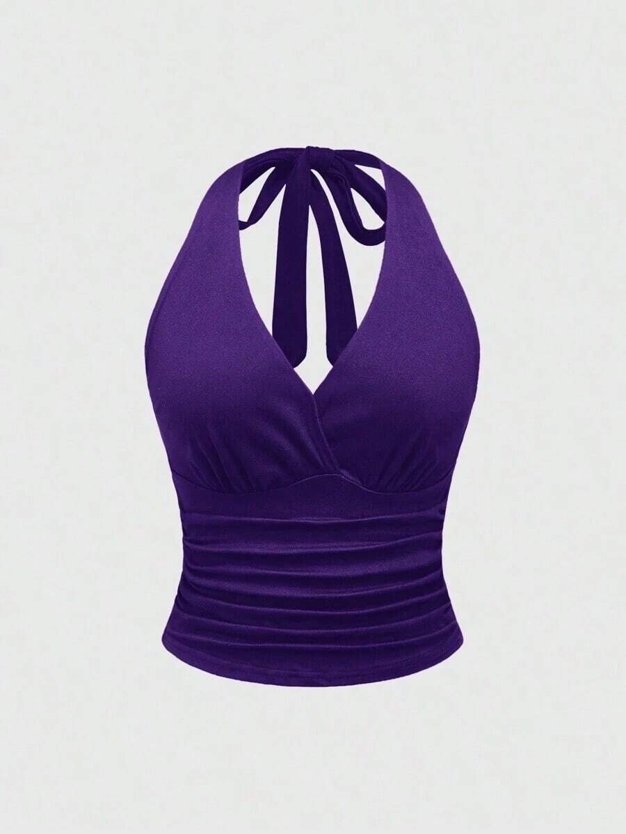 Punk Parte superior con estampado de leopardo y cuello de halter para mujer, escuela - Morado - Ver 1