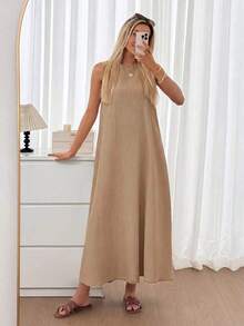 Vestido midi holgado sin mangas con espalda plisada, bajo irregular, silueta en A, tela de crepé texturizada, uso casual, relajado y elegante para la oficina/vacaciones para mujeres, primavera/verano - Caqui - Ver 5