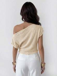 Camiseta de mujer con cuello asimétrico texturizado y mangas tipo murciélago, blusa de tela perforada, adecuada para primavera y verano, para ir al trabajo, elegante, casual, diaria, ocasiones de trabajo.Blusa de mujer de color amarillo claro.Ca - Albaricoque 2 - Ver 2