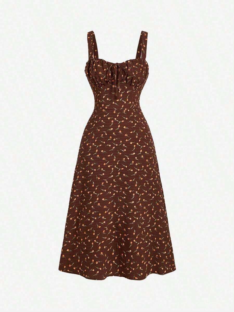 Vestido de longitud media con cintura fruncida y bordado floral para mujer - Marrón - Ver 1