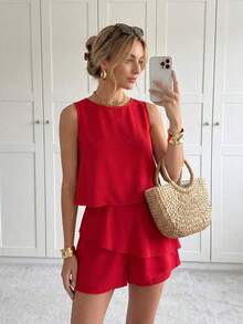 2 piezas de camiseta sin mangas y shorts de falda con diseño asimétrico y multicapa, ideal para uso casual, ir al trabajo o de vacaciones - Rojo - Ver 7