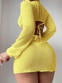 Vestido camisa de mujer con cuello en V, recorte en la cintura y manga larga - Amarillo - Ver 2