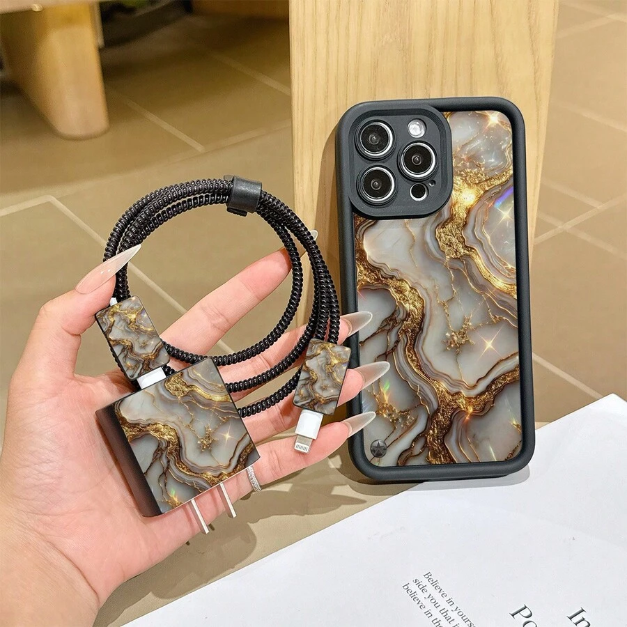6合1套組:黑色大理石紋手機殼 + 充電頭保護套 + 線材保護套 + 收納繩 + 數據線纏繞繩,TPU防震保護殼,適用於 6/7/8/X/Xs/XR/XS Max/11/12/13/14/15/16 Pro Max,適合作為生日/聖誕禮物送給情侶、女友、女兒、青少年 - 彩色 - 查看 1