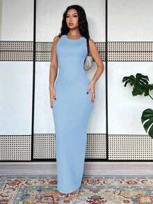 Vestido largo de mujer de vestido de escote con estampado de teñido anudado, vestido de verano largo, vestido largo verde maxi para outfit de mujer - Gris azul - Ver 3