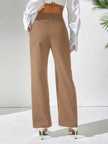 Pantalones rectos de cintura alta de unicolor casual para mujer - Caqui - Ver 2