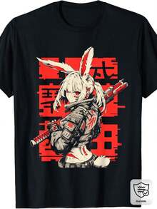 Camiseta EWH para Hombre Estilo Anime Conejo - Texto y Detalles Rojos Harajuku Techwear, Camiseta Holgada de Estilo Urbano con Estampado de Personajes, Camisa Casual Duradera y Cómoda, Adecuada para Uso Diario (Negro) - Negro - Ver 2