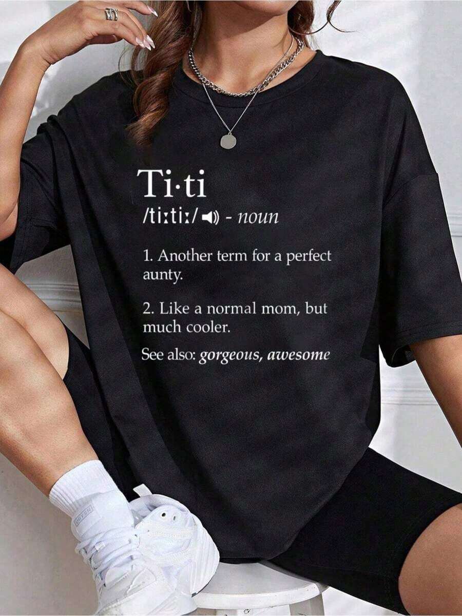 Women's Crew Neck T-Shirt - Printed, Casual, Short Sleeve, Breathable, 100% Cotton - Basic Cotton T-Shirt For Women - 黑色 - 查看 1