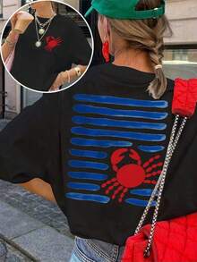 Camiseta casual de cuello redondo de manga corta con estampado de cangrejo para mujer - Negro - Ver 1