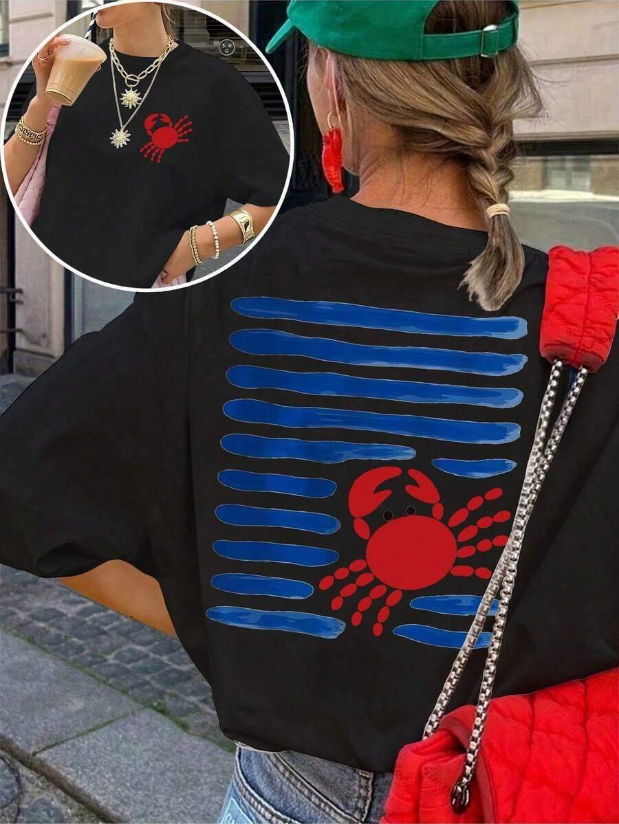 Camiseta casual de cuello redondo de manga corta con estampado de cangrejo para mujer - Negro - Ver 1