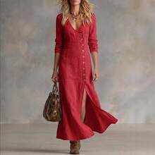 Women's Long Sleeve Cotton Linen Dress 2026 Spring Summer, Modern Casual Style A-Line Cut With Front Buttons, Breathable And Lightweight - 紅色 - 查看 3