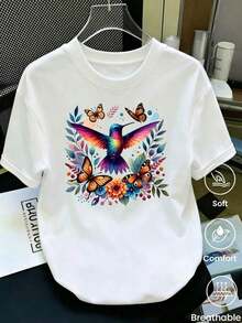 Camiseta de verano de manga corta para mujer con diseño estampado, corte holgado para uso versátil y durabilidad. Con un cuello redondo clásico, esta blusa casual es perfecta para el uso diario y salidas de vacaciones, elegante y práctica. - Blanco - Ver 1