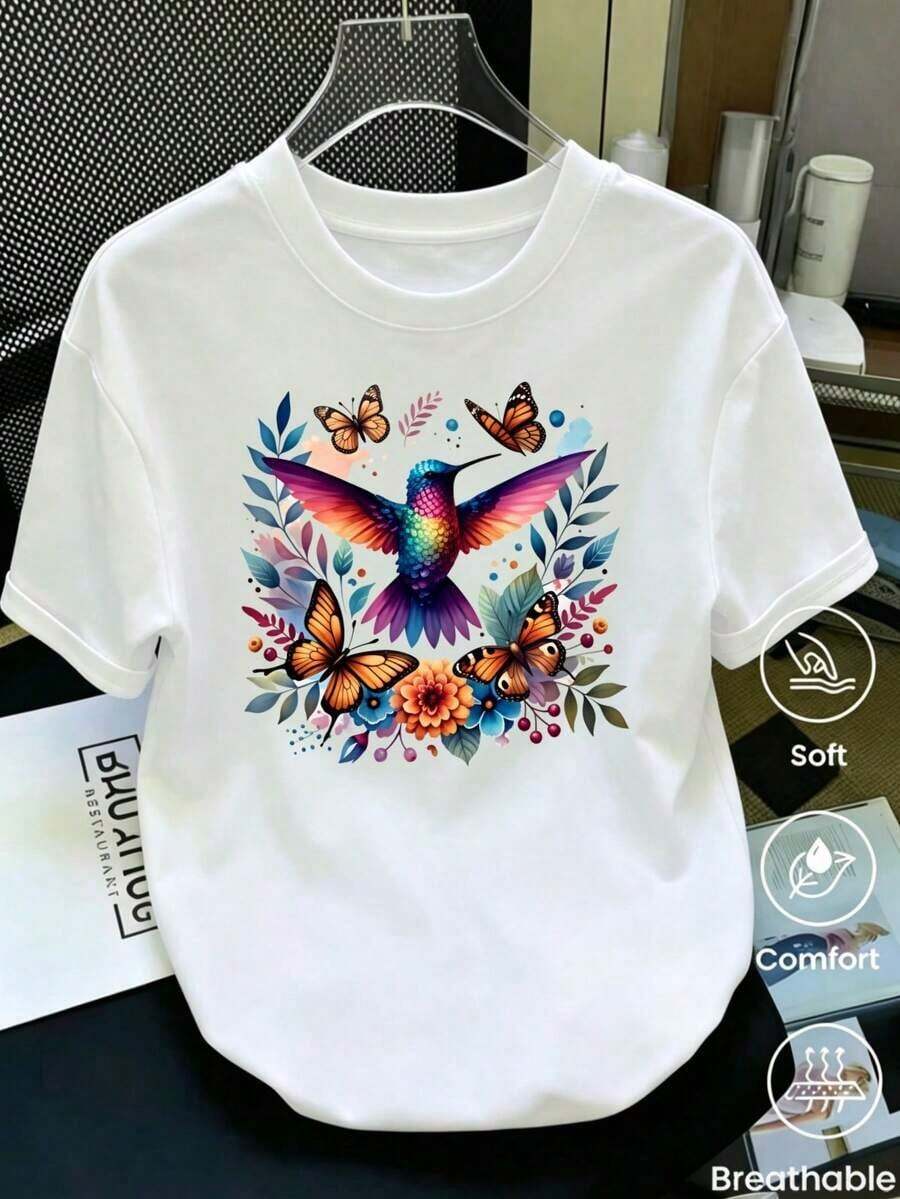 Camiseta de verano de manga corta para mujer con diseño estampado, corte holgado para uso versátil y durabilidad. Con un cuello redondo clásico, esta blusa casual es perfecta para el uso diario y salidas de vacaciones, elegante y práctica. - Blanco - Ver 1