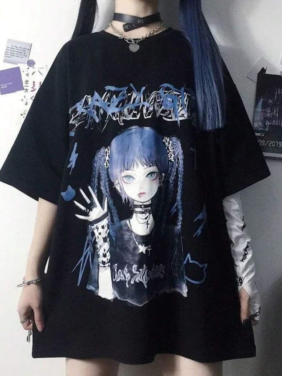 Camiseta de cuello redondo y hombros caídos con estampado gráfico bidimensional de una chica con diseño de círculos. - Negro - Ver 1