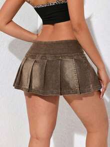 Minifalda de mezclilla con pliegues para mujer, falda pantalón casual - Café integral - Ver 2
