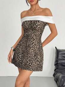 Vestido mini de punto negro y blanco con hombros descubiertos para mujer - Multicolor - Ver 6