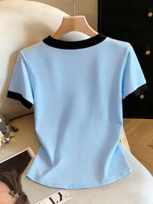 Blusa de mujer de cuello redondo con ribete de contraste, abotonadura metálica de media cartera, manga corta, ajustada y acortada.Top amarillo claro, top amarillo, top amarillo pastel, top de verano, top amarillo lindo, top amarillo para m - Azul - Ver 2