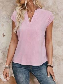 Camisa de cuello con muesca a rayas, casual/para el trabajo, de verano - Rosa Pálido - Ver 5