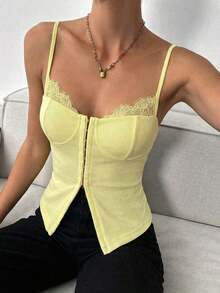 Camiseta de tirantes de uso diario versátil y casual con parches de encaje para mujer - Amarillo claro - Ver 6