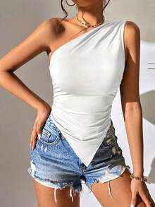 Blusa de verano casual y de vacaciones para mujer, minimalista, de unicolor, con pliegues, ajustada, con bajo asimétrico, top de un hombro, top de un hombro XXS para mujer, negro fruncido, body suit tops, tops, top de un hombro negro - Blanco - Ver 7