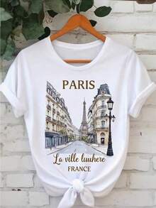 Pintura de escena cajera con Torre Eiffel pint a mano, texto en francés, diseño elegante con estilo de vie, creado especialmente para amantes del arte, camiseta con estampado de patrón de atmósfera romántica de París - Blanco - Ver 2