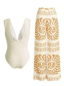 Swim Oasis Conjunto elegante de retro con estampado en espiral de un solo pieza de traje de baño coordinado con pantalón de pierna ancha, conjunto de vacaciones elegante para mujeres - Beis - Ver 2