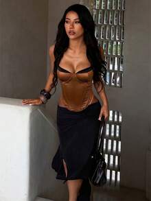 Áo croptop cúp ngực bằng satin màu nâu, áo hai dây cổ hình trái tim xếp ly, trang phục dự tiệc/club phong cách Y2K, trang phục hẹn hò thanh lịch. - cà phê - Xem 8