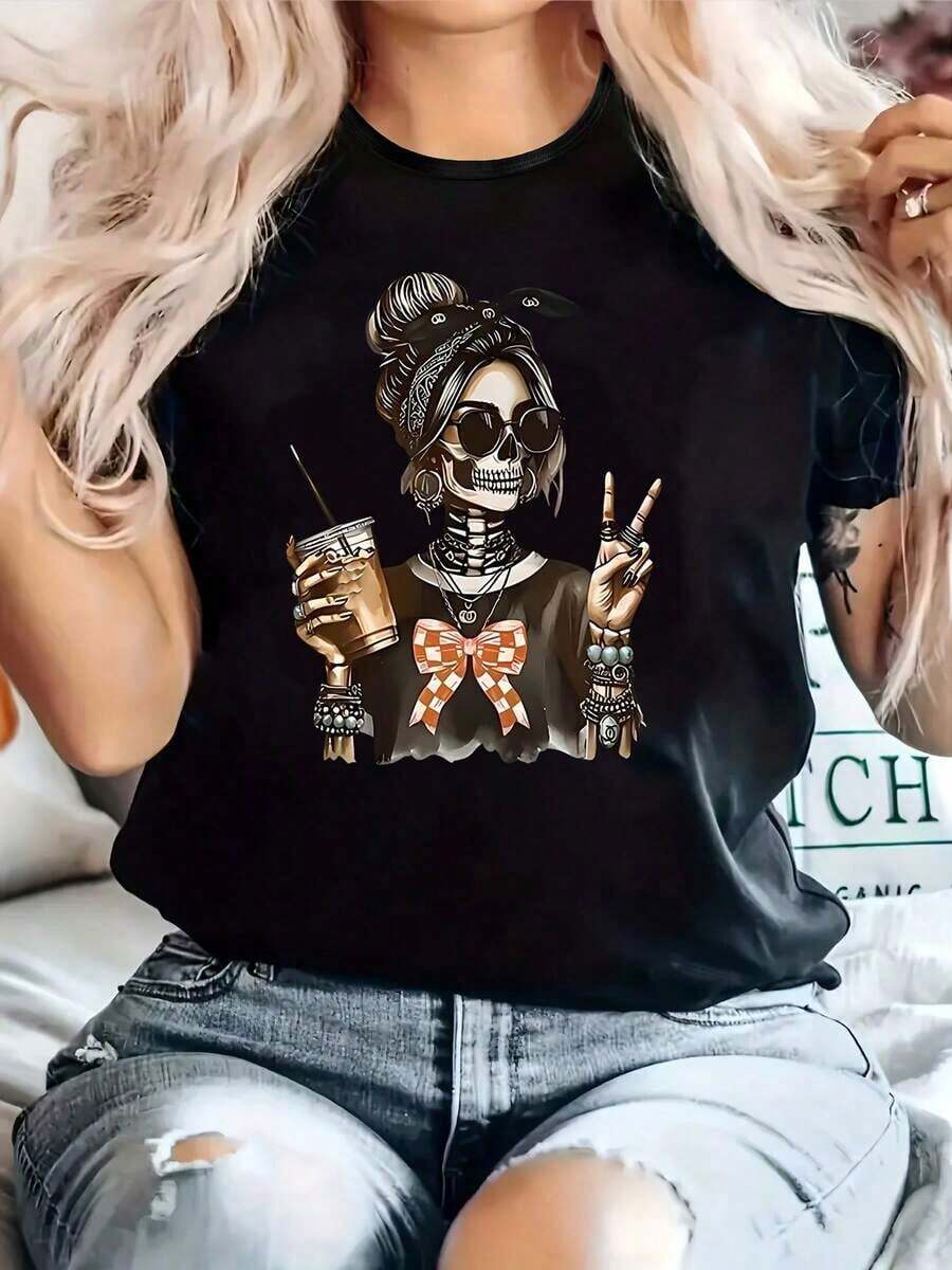 Women's Casual T-Shirt, Round Neck, Short Sleeves, Slightly Stretchy Fabric, Comfortable Design, Suitable For All Seasons. Suitable As A Gift. Women's T-Shirt. Blouses>Elegant, Soft, Breathable And Comfortable Women's T-Shirt, Suitable For Various Seasons. Suitable For Spring, Summer And Autumn. - 黑色 - 查看 1