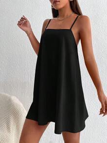 Vestido informal suelto de un solo color para mujer - Negro - Ver 4