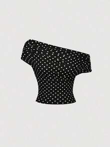 Blusa elegante de mujer con lunares y malla versátil, ideal para vacaciones de verano - Negro - Ver 5