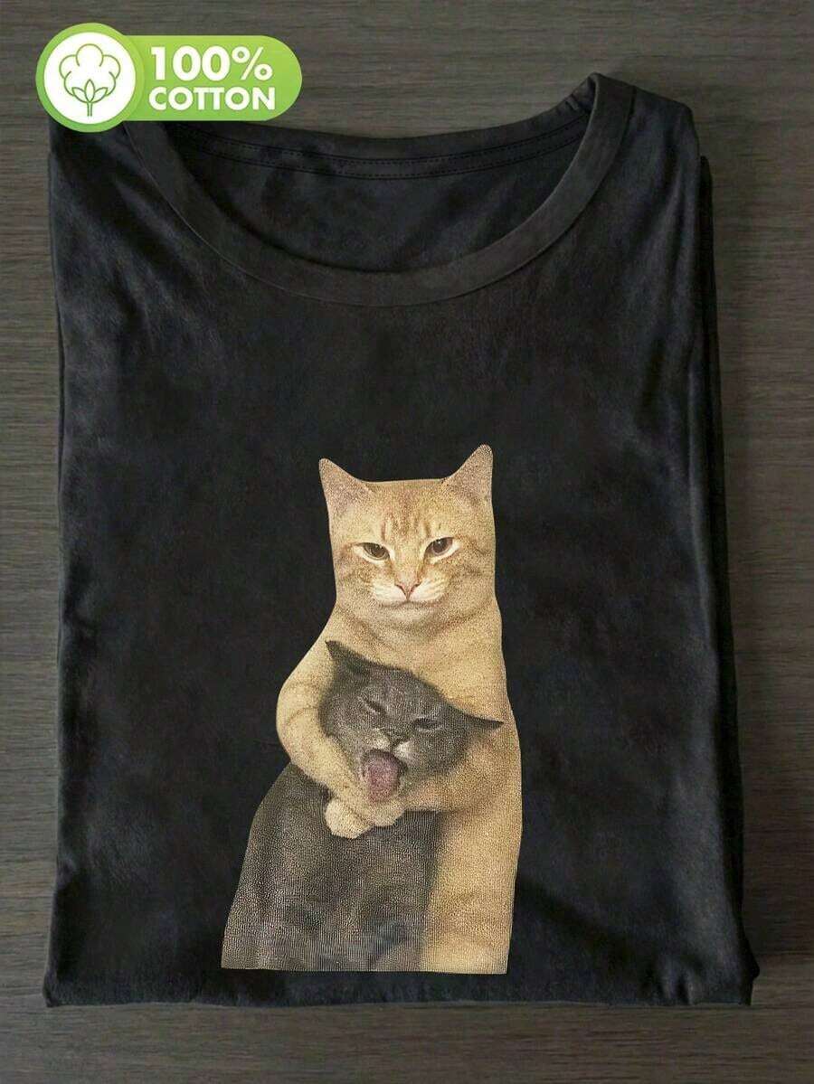 Short-Sleeved T-Shirt With A Fun Cat Print, 100% Cotton, Unique Small-Batch Design, Casual Women's T-Shirt, Soft Fabric, Comfortable Crew Neck T-Shirt, Retro Black T-Shirt, Women's Clothing, For Spring/Summer Wear. Pure-Cotton - 黑色2 - 查看 1