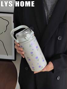 1个1000毫升（33.81盎司）春季郁金香系列双层不锈钢保温杯，平底设计，带吸管和提手，适用于汽车、办公室、家庭、学校、健身房、旅行、生日、节日、母亲节、父亲节、返校季、情人节等场合的礼物 - 彩色 - 查看 6