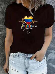 Summer White T-Shirt For Women With Colombian Flag And Colombia Text Cclothesazon Patriotic Design Ideal For Colombia Lovers Modern Casual Style For Women Fashion All-Match Women's Short Sleeve T-Shirt, Basic Style For Inner & Outer Wear - 黑色 - 查看 1
