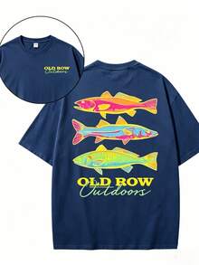 Men's Casual Summer Washed Cotton T-Shirt Old Row Outdoor Fish Print, Round Neck Short Sleeve Lightweight Knitted Fabric, Rib Details 100% Cotton - 純棉深藍 - 查看 9