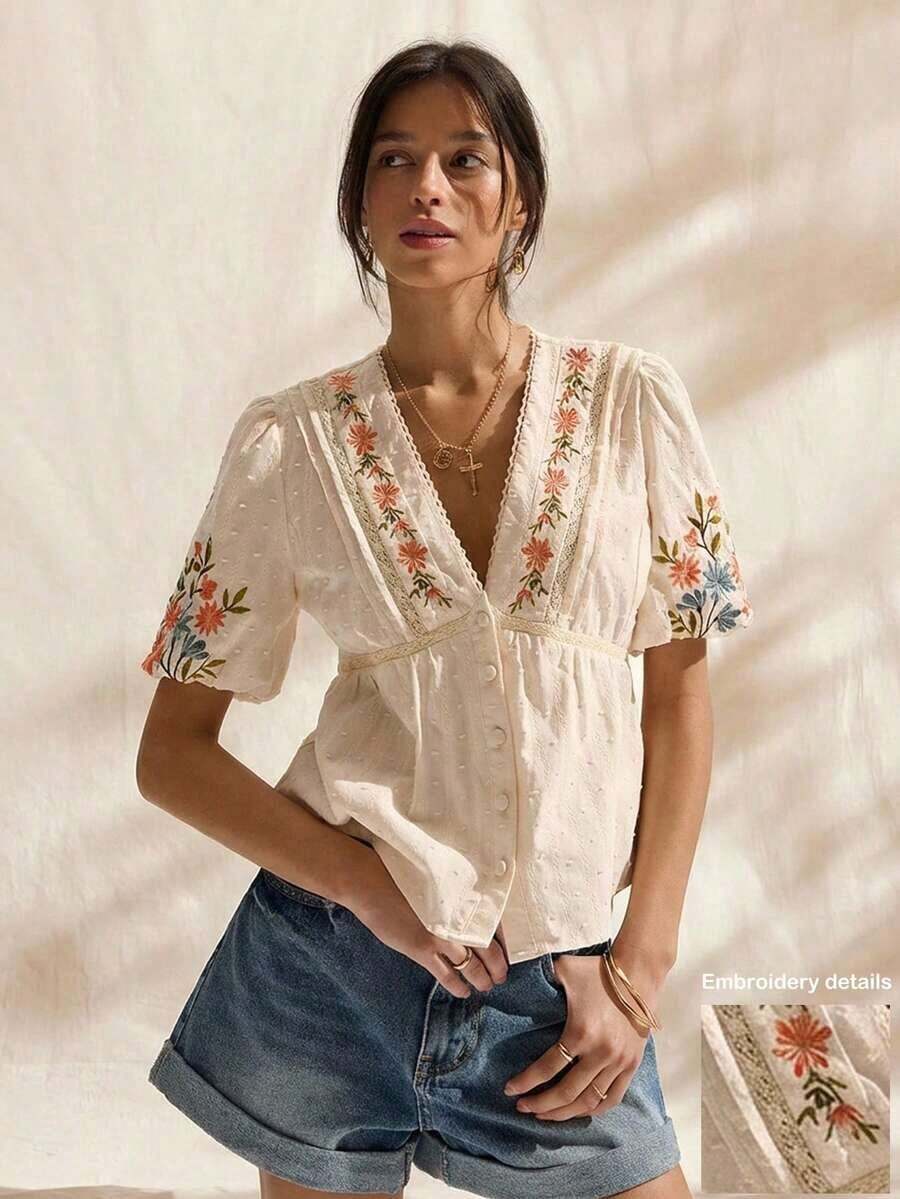 Blusa de manga corta con escote en V profundo, patrón de bordado floral, versátil y adecuada para el trabajo - Beis - Ver 1