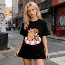 Tops para mujer de algodón de manga corta y cuello redondo para mujer, con estampado de capibara yé de burbujas, de elasticidad media. - Negro - Ver 6