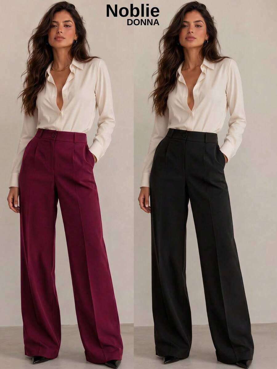 Set Of 2 Tailored Wide Leg High-Waisted Palazzo Pants, Elegant, With Front Button - 1 BLACK 1 WINE - View 1