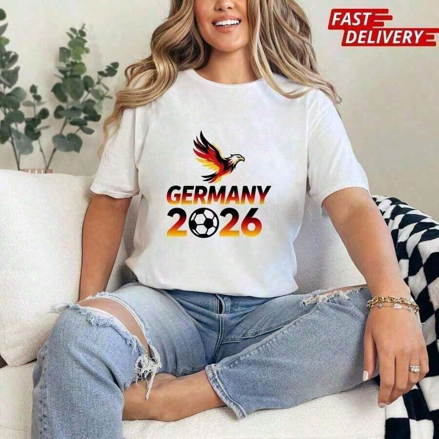 Tops para mujer Casual de Mujer con Estampado de Fútbol de Alemania 2026, de Algodón, Manga Corta, Cuello Redondo, con Tela de Alta Elasticidad - blanco - Ver 1