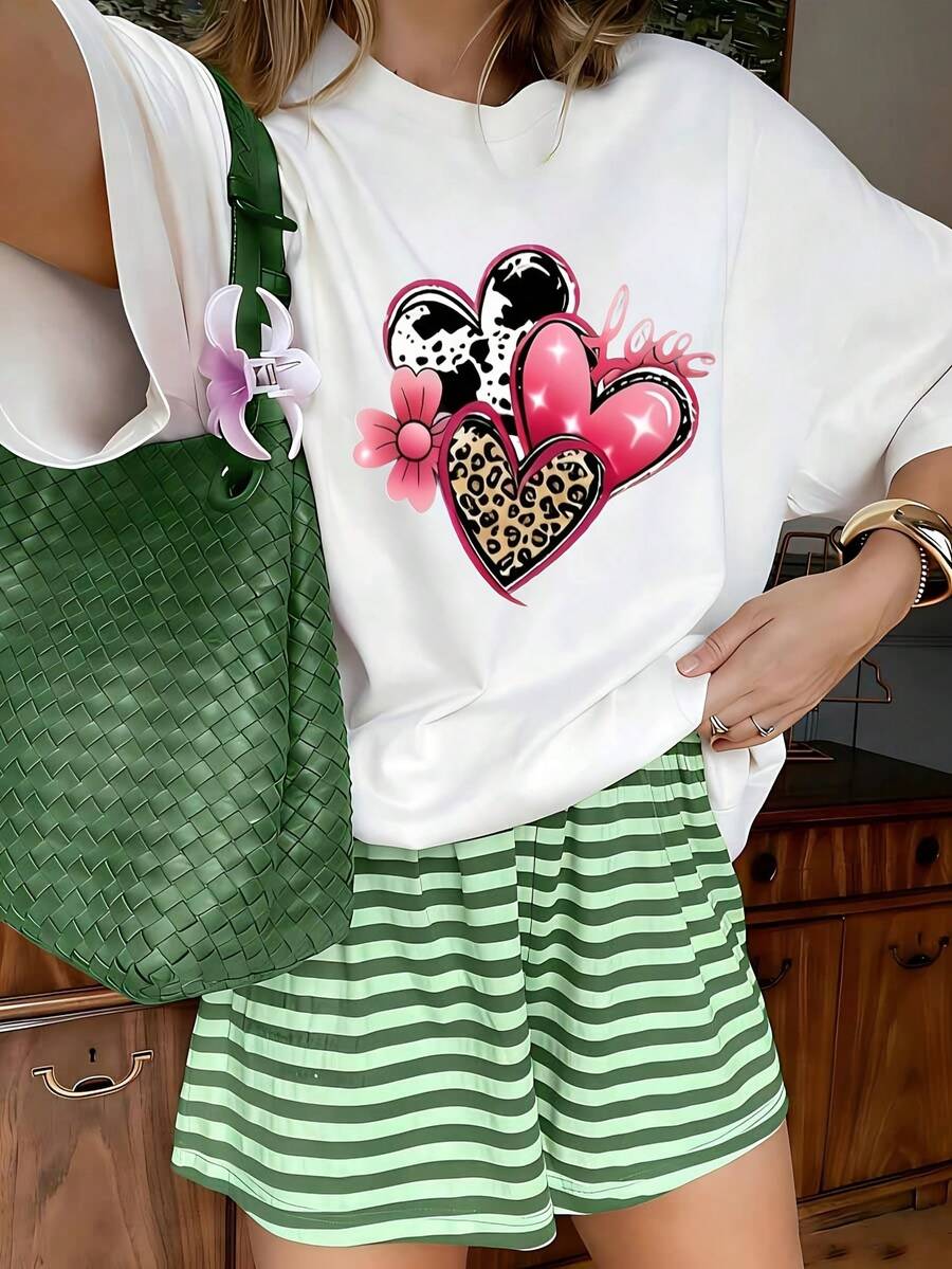 Western Leopard Cow Print Pink Hearts Love Graphic T-Shirt, 100% Cotton Oversized Soft Breathable Cute Tee, Casual Crewneck Short Sleeve Top for Valentine's Day & Daily Wear