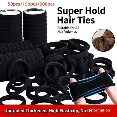 Hair Ties, 150 PCS No Damage, Hair Elastics Hair Accessories For Women Girls, Thick Seamless Hair Ties - Black