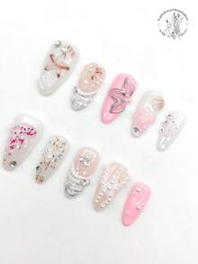 A Set Of 10 Pieces Of Pure Hand-Pressed Wearable Nail, 25mm Long Almond-Shaped Nail, Pink And White Nail, Pink Nail, Three-Dimensional Raised Transparent Starfish Shape, Raised Flower, Scallop Shape, White Pearl, Rhinestone Decoration. Cute Nail Piece, Pointed Nail Piece, Suitable For Daily Leisure Vacation, Banquets, Parties, Shows And Other Activities. Nails - Multicolor - View 3