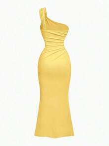 Vestido de cola de pez con cuello fruncido y decoración de broche azul - Amarillo 2 - Ver 2