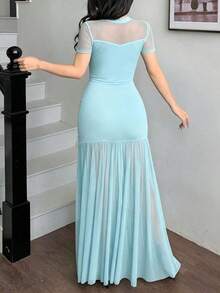 Conjunto de 2 piezas de top ajustado de manga corta con parches de malla azul claro y falda plisada de malla maxi de cintura alta, sexy y elegante, adecuado para citas, fiestas, vacaciones, bodas, cenas formales, primavera/verano - azul claro - Ver 2
