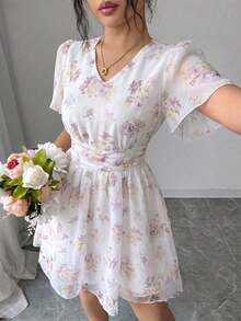 Vestido corto con estampado digital fruncido de diseño francés para mujeres - Rosa Fucsia - Ver 3