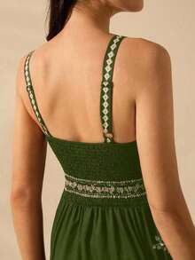 Mono largo sin mangas de mujer con estampado de árbol de plátano y árbol de coco, estilo bohemio, para vacaciones, casual, playa, verano - Verde - Ver 7