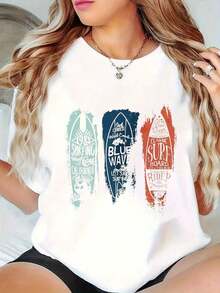 Women's Modern Minimalist Cotton T-Shirt, Short Sleeve, White Options, Breathable, Loose Fit, Round Neck, Classic Blue Surf Wave Design, Oversized Graphic Tees, Exquisite Design, Casual And Modern Style, Summer T-Shirts, Suitable For Casual Daily Wear, Home Workouts, Outdoor Activities, Beach Vacation, Ideal For Gifting Women's Clothing. - 白色 - 查看 10