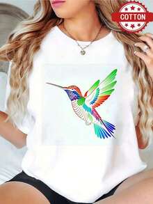 Camiseta de mujer moderna, informal, para fiestas y para estar en casa, 100% algodón, corte holgado. 1 blusa de mujer, blusas bonitas para mujer, ropa de mujer, camiseta de algodón blanco, estampado colorido de colibrí, estampado de algodón de alta calidad, cuello redondo, corte básico holgado, para hombre y mujer, transpirable, versátil, lavable a máquina, cómoda, talla S ~ 3XL, para uso diario, casual, deportivo, artículo esencial de verano, 100% algodón. - Blanco - Ver 7